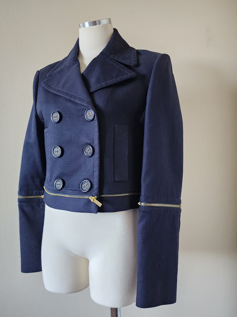 Cropped Navy Double-Breasted Women's Blazer with Gold Zipper Detail